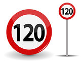 Round Red Road Sign Speed limit 120 kilometers per hour. Vector Illustration.