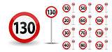 Round Red Road Sign Speed limit 10-130 kilometers per hour. Vector Illustration.