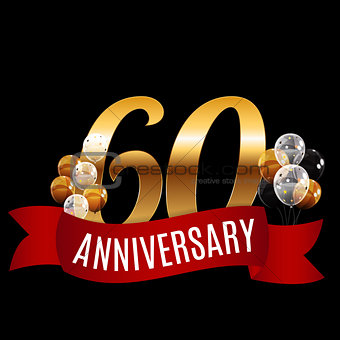 Golden 60 Years Anniversary Template with Red Ribbon Vector Illu
