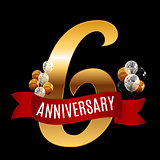 Golden 6 Years Anniversary Template with Red Ribbon Vector Illus