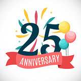 Anniversary 25 Years Template with Ribbon Vector Illustration