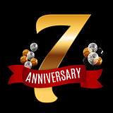 Golden 7 Years Anniversary Template with Red Ribbon Vector Illus