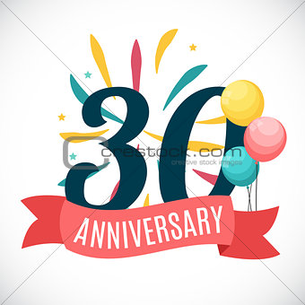Anniversary 30 Years Template with Ribbon Vector Illustration