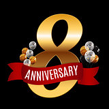 Golden 8 Years Anniversary Template with Red Ribbon Vector Illus