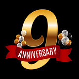 Golden 9 Years Anniversary Template with Red Ribbon Vector Illus