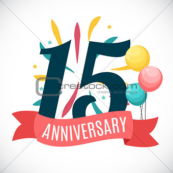 Anniversary 15 Years Template with Ribbon Vector Illustration
