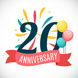 Anniversary 20 Years Template with Ribbon Vector Illustration