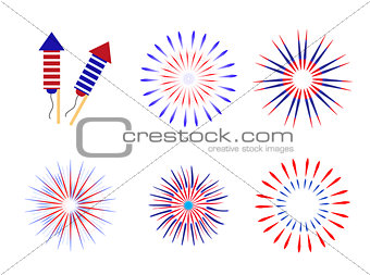 Fireworks, salute in traditional colors USA set of elements for your design. America's Independence Day, July 4, concept. Vector illustration.