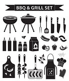 Barbecue and grill icons set, black silhouette, outline style. BBQ collection of objects, elements of design, logo. Isolated on white background. Vector illustration.