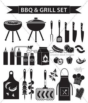Barbecue and grill icons set, black silhouette, outline style. BBQ collection of objects, elements of design, logo. Isolated on white background. Vector illustration.