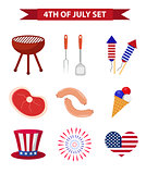 Set of patriotic icons Independence Day of America. July 4th collection of design elements, isolated on white background. National celebration, barbecue, BBQ.Vector illustration, clip art.