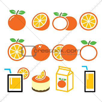 Orange icons set - food, nature concept vector designs
