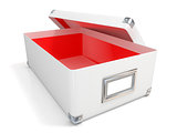 White leather opened box, with chrome corners, red interior and 