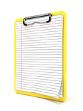 Yellow clipboard and blank lined paper. 3D
