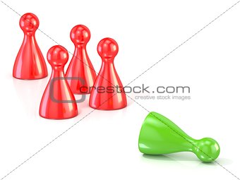 Red play figures standing and green one lying . Concept of rejec