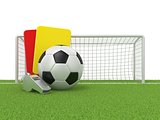 Football concept. Penalty (red and yellow) card, metal whistle a