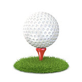 Golf ball on red tee in grass. 3D