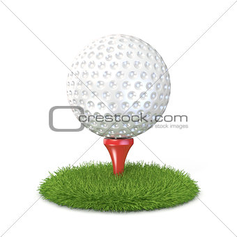 Golf ball on red tee in grass. 3D