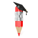 Red pencil with a graduation cap. Education concept. 3D
