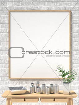 Mock up poster, white brick wall and metal cups. 3D