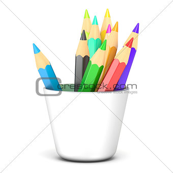 Colored pencils in a white holder. 3D