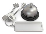 Hotel key with rectangular blank label on ring and reception bel