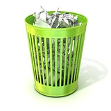 Green trash bin, full of crumpled paper