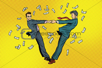 Two businessmen happily dancing in a whirlwind of money