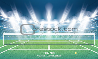 Tennis Court with Green Grass and Spotlights.