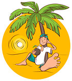 Beach holidays. Young man sits under palm tree and drinks coconut juice