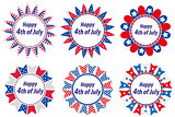 Independence Day America, USA. Set of round frames with flags. Collection of decorative elements with space for text for July 4th. Vector illustration, clip art.