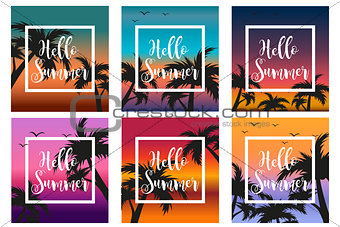 Hello summer set the template for the poster in a white frame on a background of sunset and palm trees. Beach concept collection, vacation, vacation by the sea. Vector illustration.