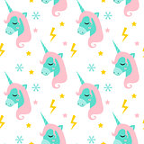 Magic Unicorn seamless pattern. Modern fairytale endless textures, magical repeating backgrounds. Cute baby backdrops. Vector illustration.