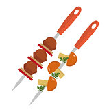 Shish kebab on skewers with pork and mushrooms icon, flat style. Isolated on white background. Vector illustration.