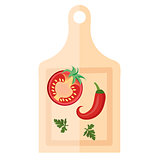 Wooden board for cutting vegetables with peppers and tomato icon, flat style. Isolated on white background. Vector illustration.