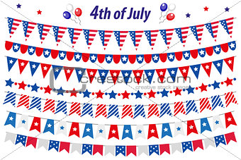American Independence Day, celebration in USA, set bunting, flags, garland. Collection of decorative elements for July 4th national holiday. Vector illustration, clip art.