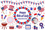 Independence Day America celebration in USA, icons set, design element, flat style. Collection objects for July 4th national holiday with a flag, map, barbecue, bunting, fireworks.Vector illustration.