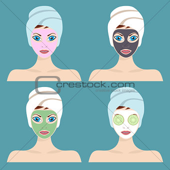 Set of 4 women with cosmetic face masks.