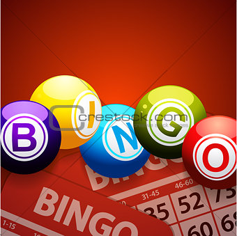 Bingo balls and cards on red background
