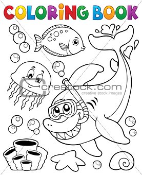 Coloring book with shark snorkel diver