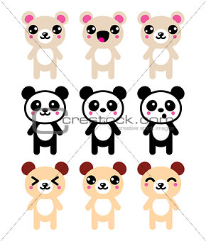 Kawaii bear icons set, cute panda bear design