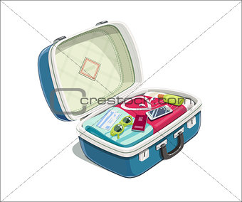 Open suitcase with clothes for travel.