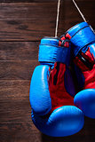 Blue and red boxing gloves hanging on wooden wall.