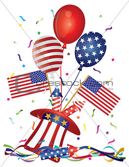 4th July Hat Balloons American Flag Firecrackers and Confetti Il