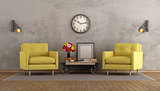 Retro living room with two yellow armchairs
