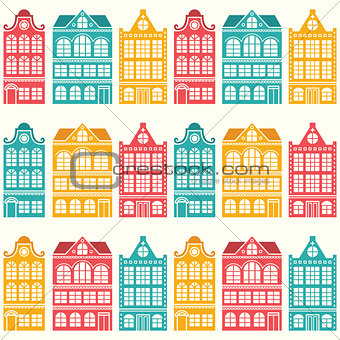 Seamless house pattern - Dutch, Amsterdam houses, mid-century modern style