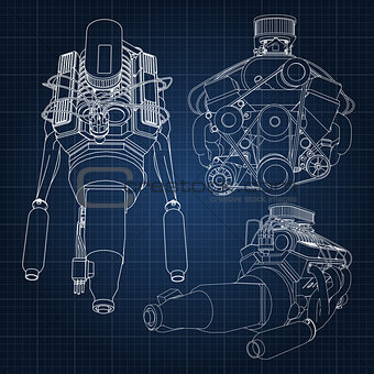 A set of several types of powerful car engine. The engine is drawn with white lines on a dark blue sheet in a cage