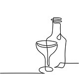 Wine and glass contour. Black outline vector.