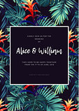 Floral wedding invitation with guzmania flowers, monstera and royal palm leaves. Exotic hawaiian vector background.