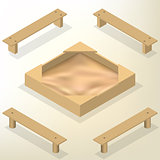 Sandbox with benches in isometric, vector illustration.